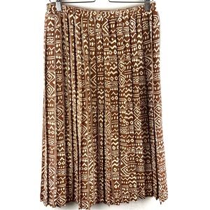 Vtg Leslie Fay Midi Skirt Ethnic Tribal Boho Tan Women Size 16 Elastic Waist